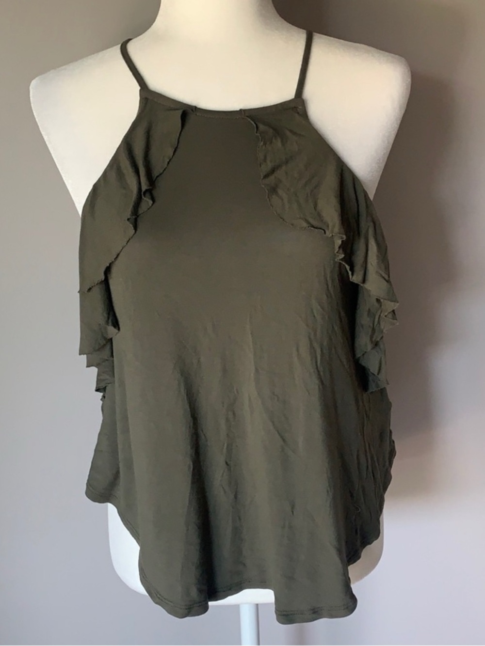 ❤️ 3/$25 Express Small Olive Green Ruffle Halter Women's Top Blouse Shirt (B2)